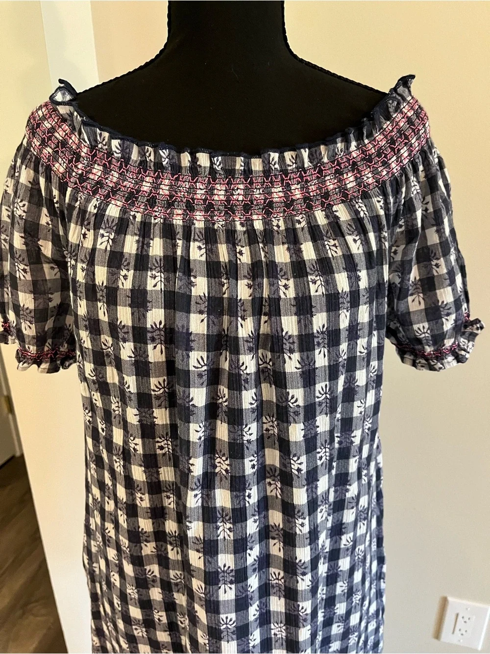 Tuckernuck Navy Gingham Off Shoulder Dress Sz S EUC